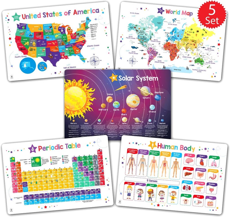 Simply magic Discovery Set of 5 Educational Placemats for Kids - Kids Placemats Non Slip for Dining Table, Wipeable Reusable Plastic Learning Place Mats: USA, World Map, Periodic Table, Solar System - Image 1